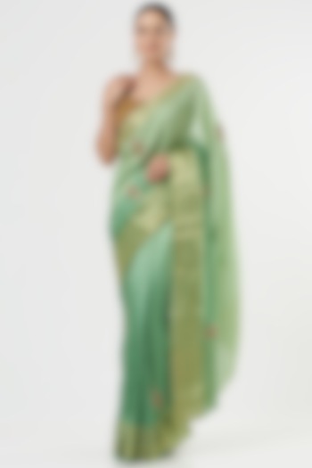 Green Saree Set In Silk by NARMADESHWARI