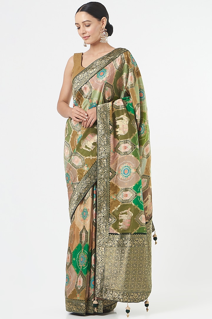 Multi-Colored Banarasi Silk Saree Set by NARMADESHWARI