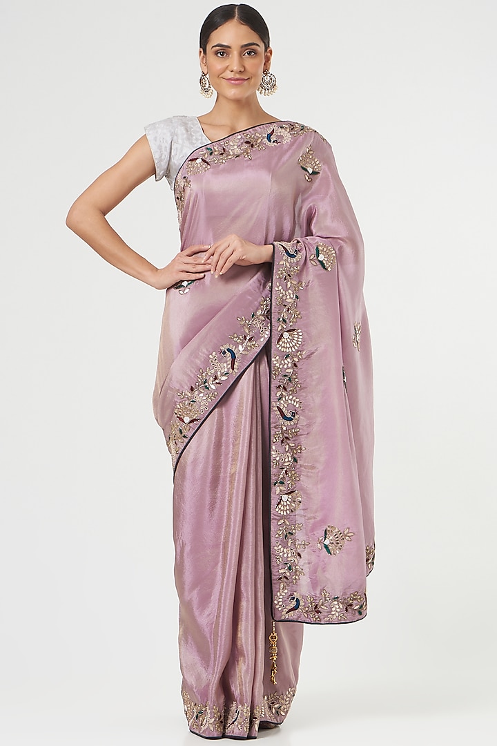 Mauve Silk Tissue Saree Set by NARMADESHWARI