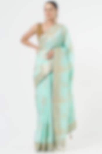 Sea Green Silk Zari Weave Saree Set by NARMADESHWARI