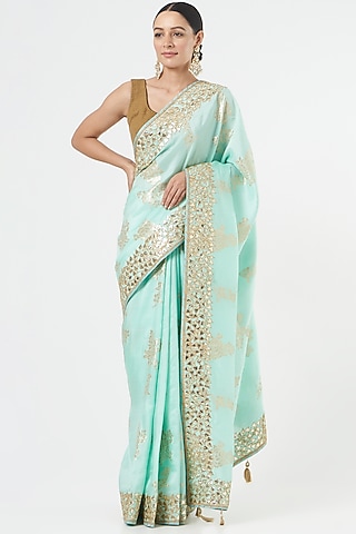 Sea Green Silk Zari Weave Saree Set by NARMADESHWARI