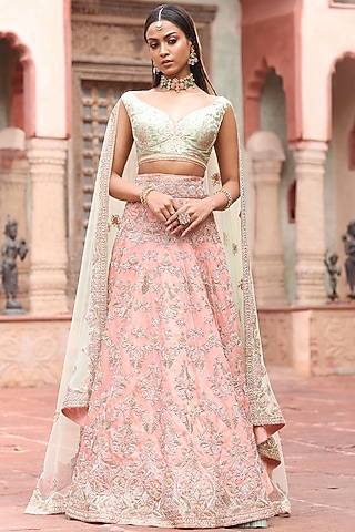 Peach Floral Embroidered Lehenga Set by RISA