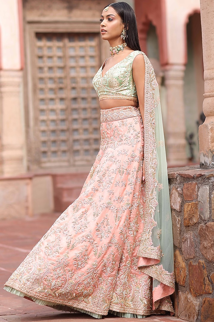 Peach Floral Embroidered Bridal Lehenga Set by RISA at Pernia's Pop Up Shop