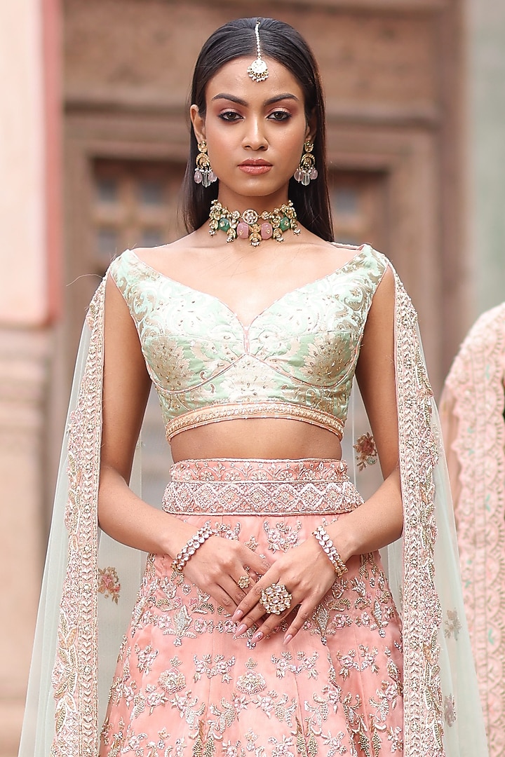 Peach Floral Embroidered Bridal Lehenga Set by RISA at Pernia's Pop Up Shop