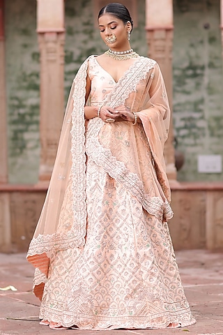 Pastel Peach Embroidered Lehenga Set by RISA