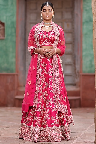 Red Zari Embroidered Lehenga Set by RISA
