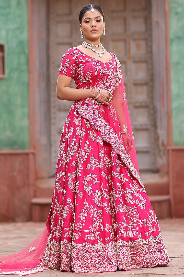 Red Zari Embroidered Bridal Lehenga Set by RISA at Pernia's Pop Up Shop