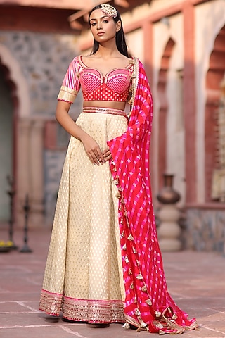 Cream Banarasi Lehenga Set by RISA