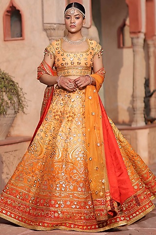 Burnt Orange Embroidered Lehenga Set by RISA