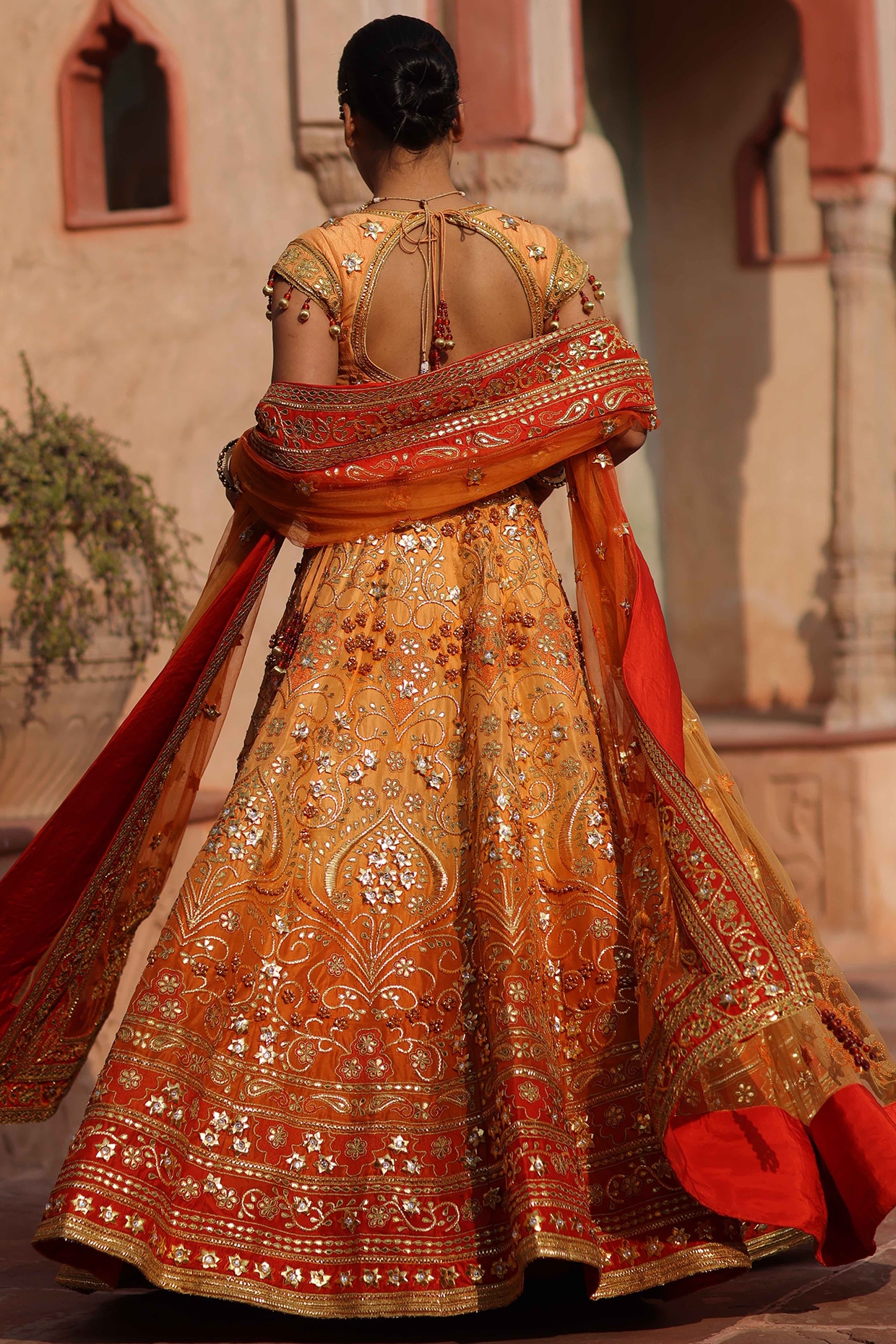 Burnt Orange Embroidered Lehenga Set Design by RISA at Pernia's Pop Up Shop  2024