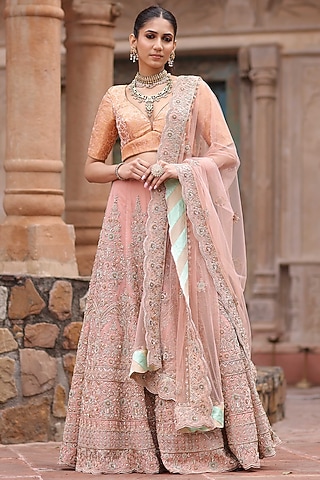 Peach Embroidered Lehenga Set by RISA