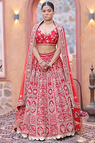 Deep Red Dabka Embroidered Lehenga Set by RISA