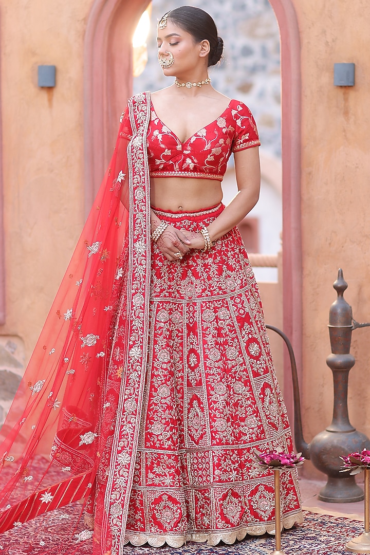 Deep Red Dabka Embroidered Bridal Lehenga Set by RISA at Pernia's Pop Up Shop