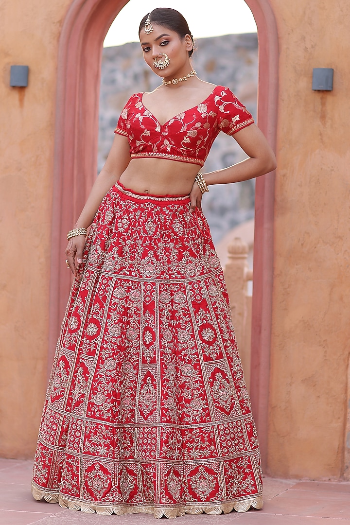 Deep Red Dabka Embroidered Bridal Lehenga Set by RISA at Pernia's Pop Up Shop