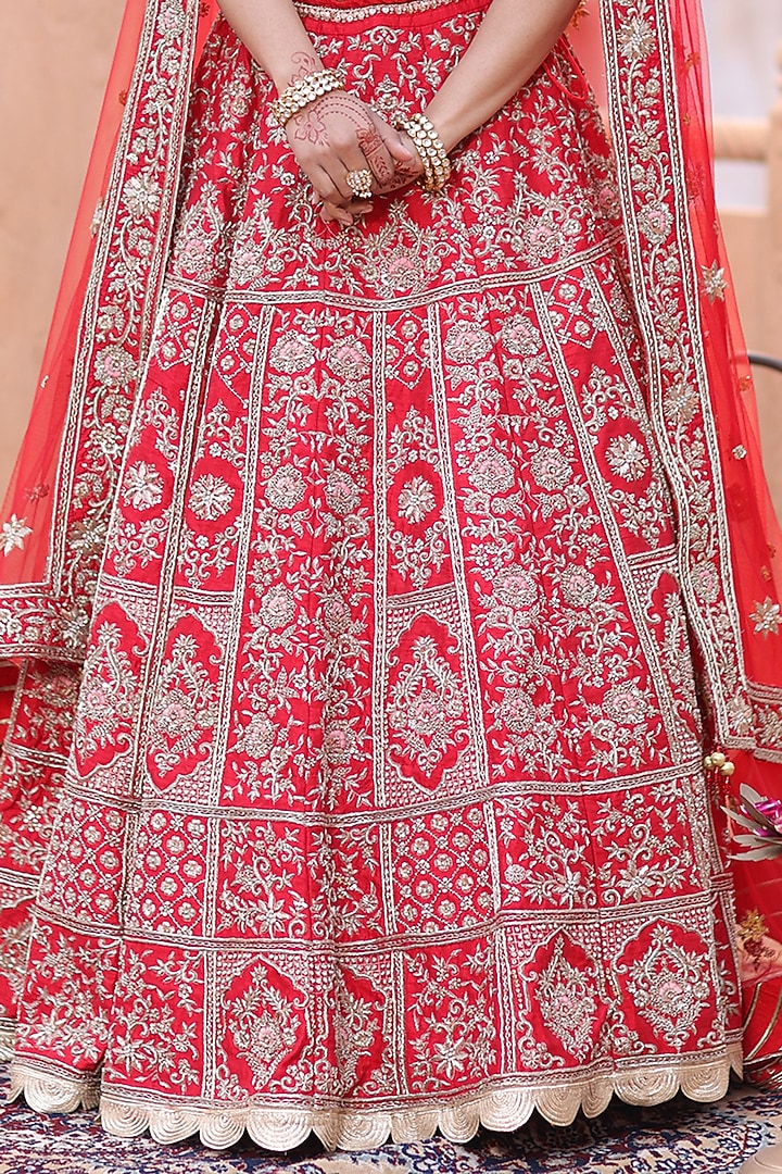 Deep Red Dabka Embroidered Bridal Lehenga Set by RISA at Pernia's Pop Up Shop
