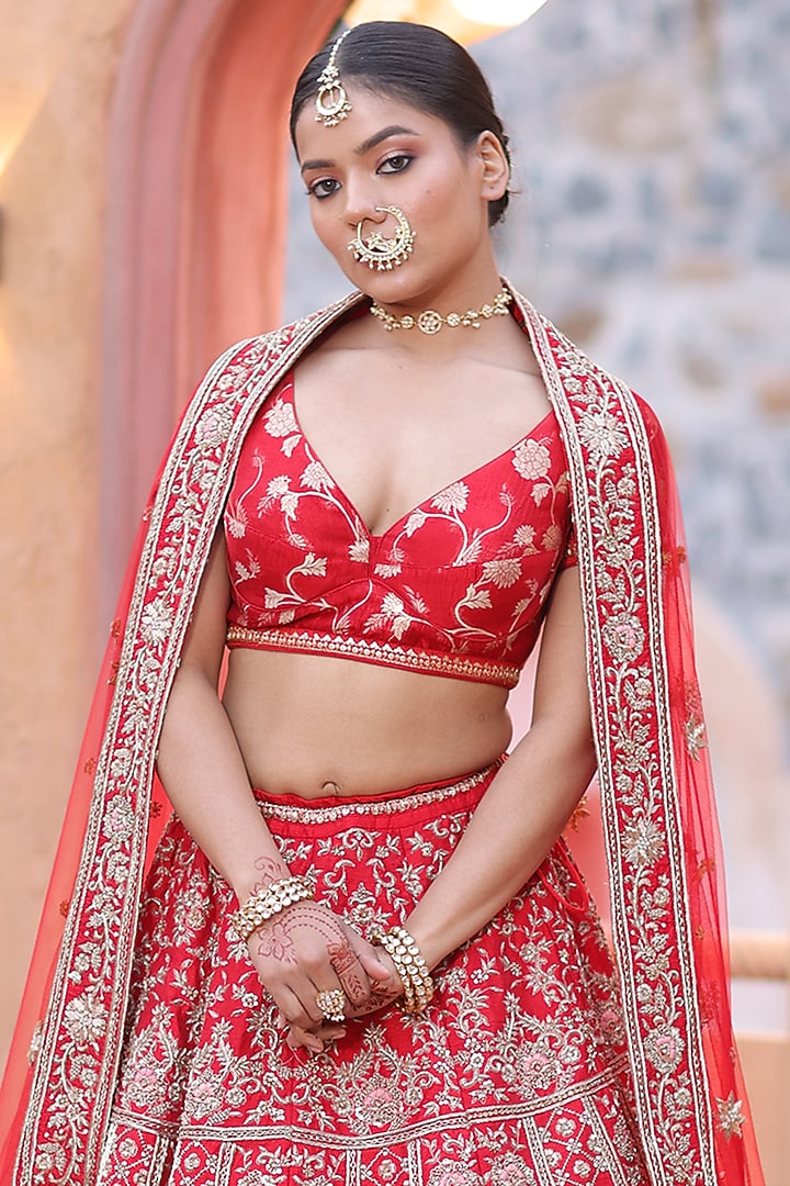 Deep Red Dabka Embroidered Bridal Lehenga Set by RISA at Pernia's Pop Up Shop