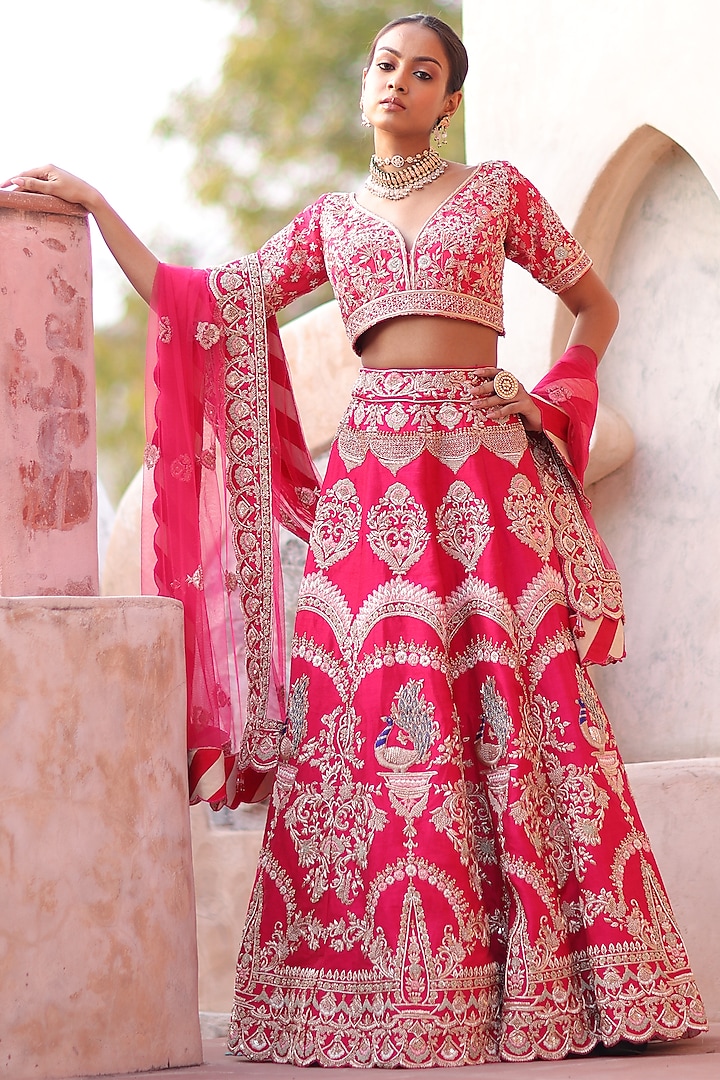 Red Dabka Embroidered Lehenga Set  by RISA