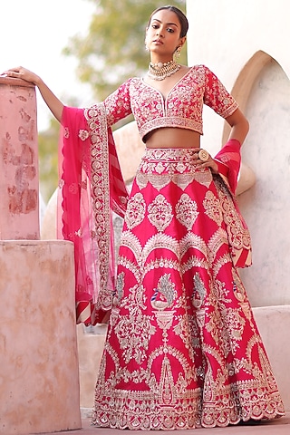 Red Dabka Embroidered Lehenga Set  by RISA