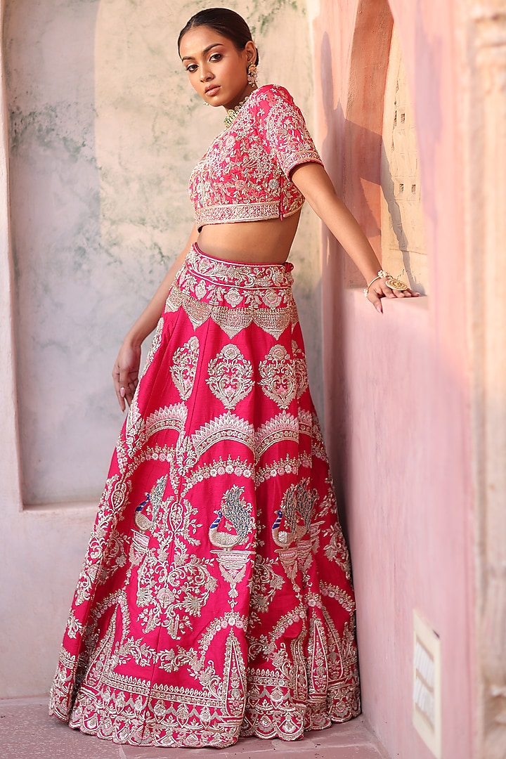 Red Dabka Embroidered Bridal Lehenga Set  by RISA at Pernia's Pop Up Shop