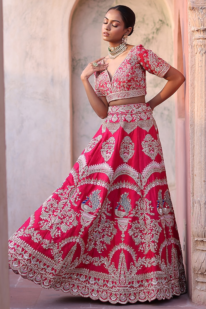Red Dabka Embroidered Bridal Lehenga Set  by RISA at Pernia's Pop Up Shop