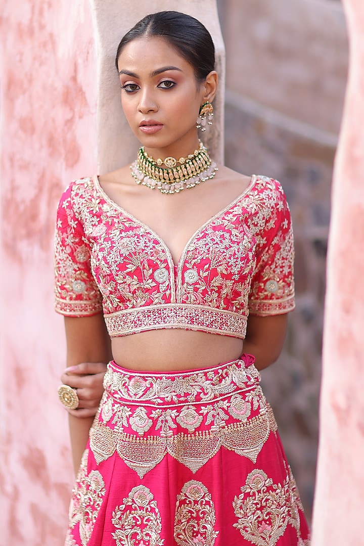 Red Dabka Embroidered Bridal Lehenga Set  by RISA at Pernia's Pop Up Shop