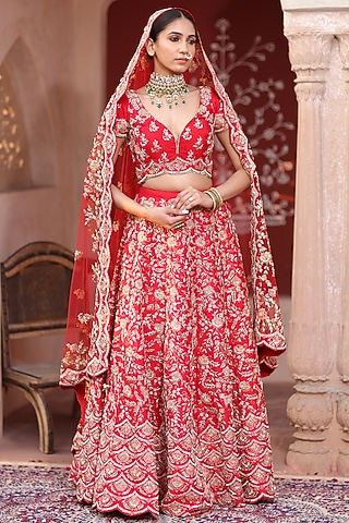 Red Zari Embroidered Lehenga Set by RISA