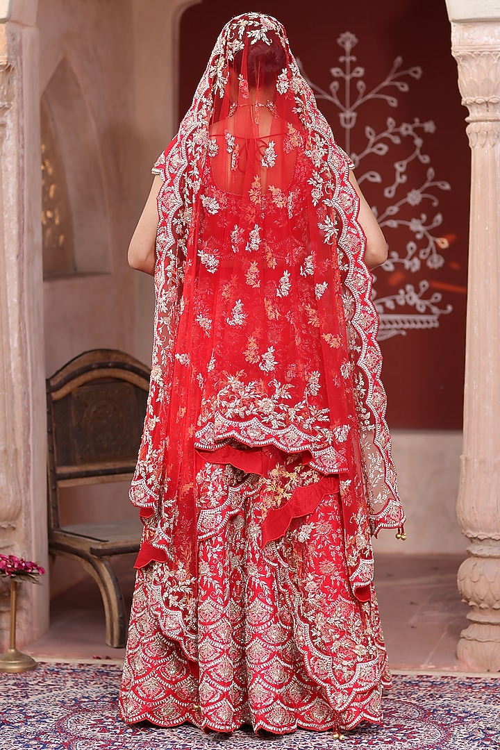 Red Zari Embroidered Bridal Lehenga Set by RISA at Pernia's Pop Up Shop
