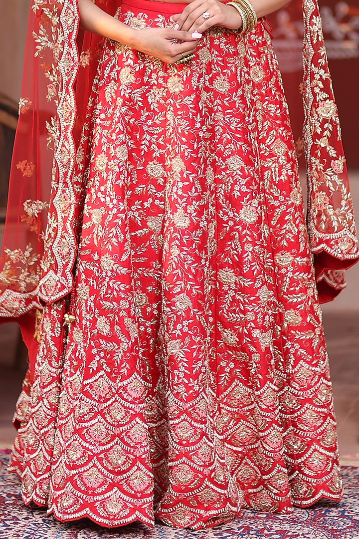 Red Zari Embroidered Bridal Lehenga Set by RISA at Pernia's Pop Up Shop