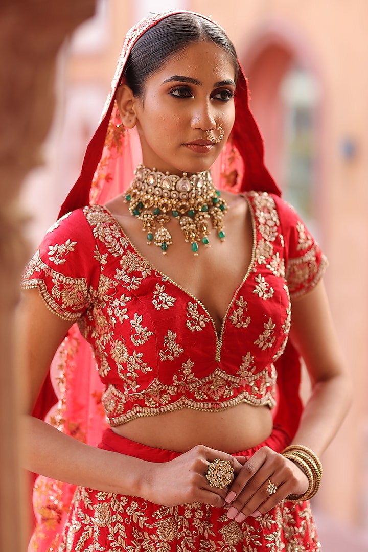 Red Zari Embroidered Bridal Lehenga Set by RISA at Pernia's Pop Up Shop