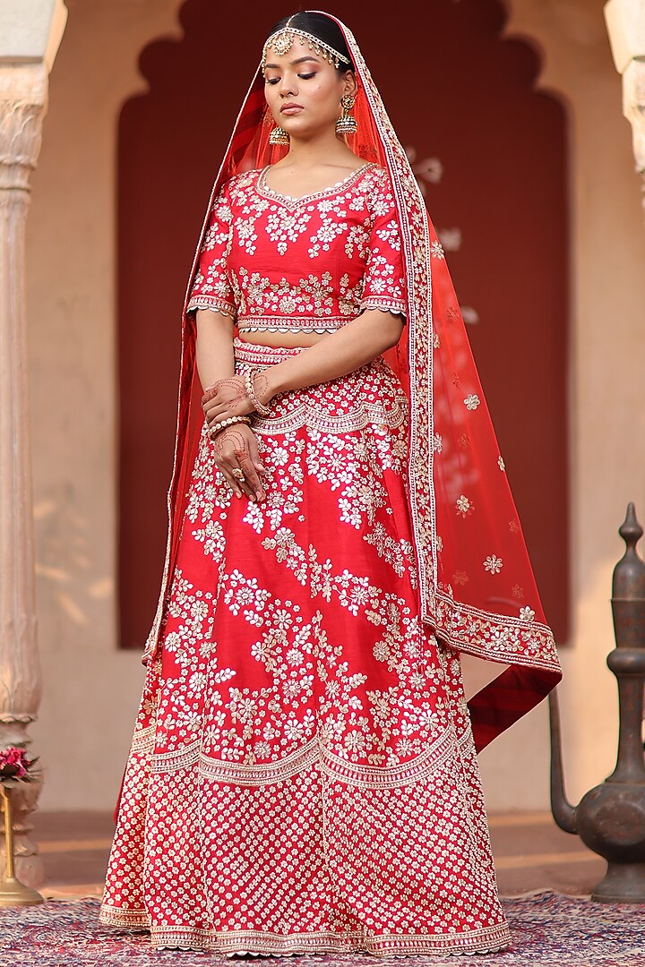 Red Floral Embroidered Lehenga Set by RISA