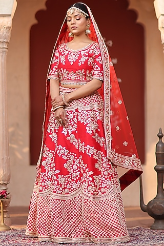 Red Floral Embroidered Lehenga Set by RISA
