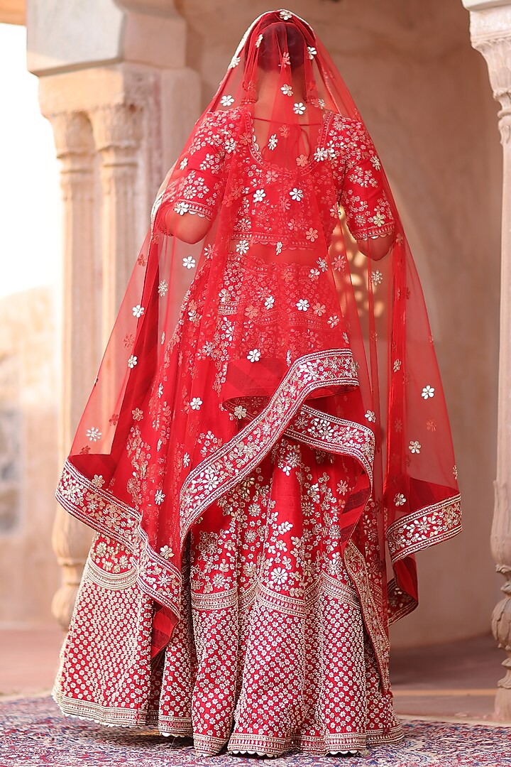 Red Floral Embroidered Bridal Lehenga Set by RISA at Pernia's Pop Up Shop