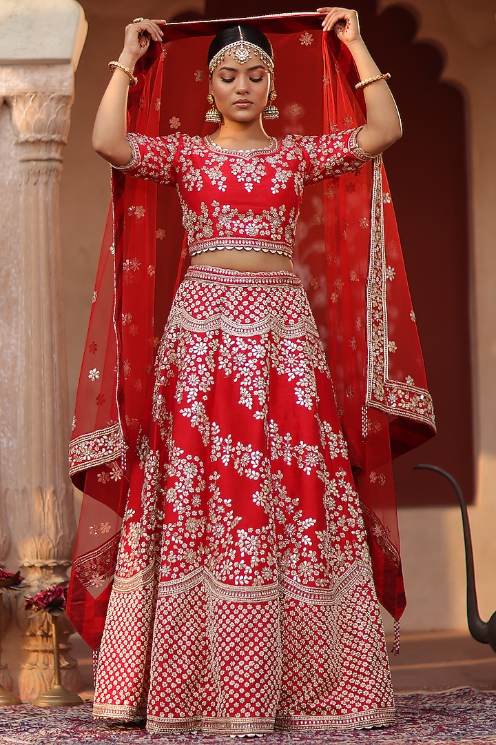Red Floral Embroidered Bridal Lehenga Set by RISA at Pernia's Pop Up Shop