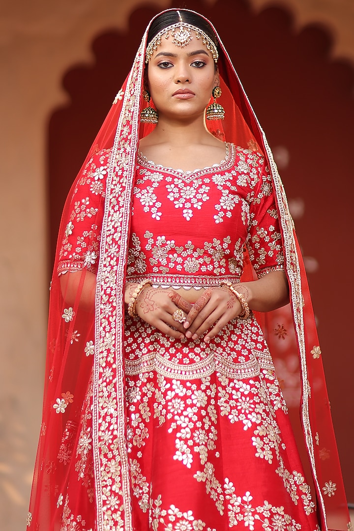 Red Floral Embroidered Bridal Lehenga Set by RISA at Pernia's Pop Up Shop