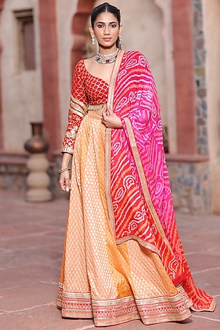 Pastel Orange Banarasi Lehenga Set  by RISA