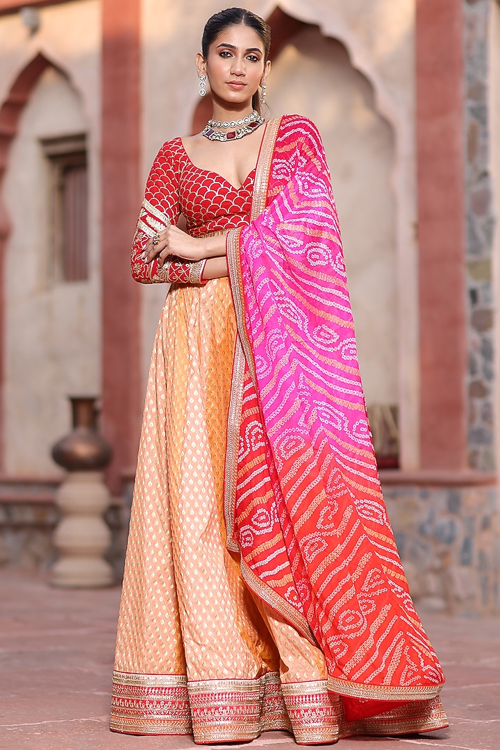 Pastel Orange Banarasi Wedding Lehenga Set  by RISA at Pernia's Pop Up Shop