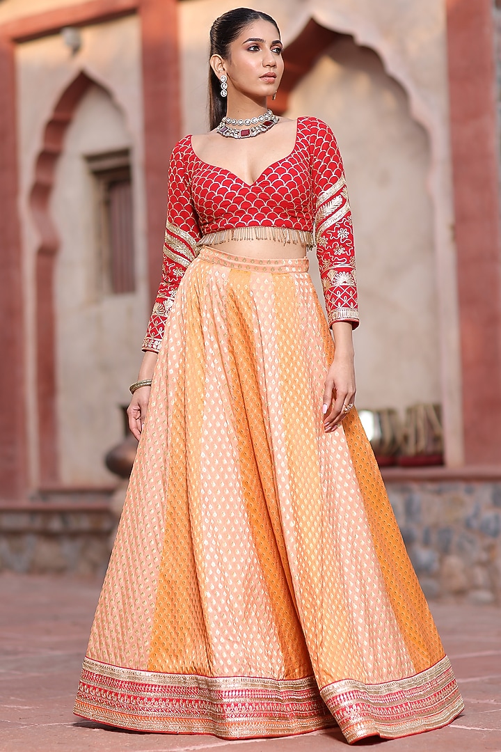 Pastel Orange Banarasi Wedding Lehenga Set  by RISA at Pernia's Pop Up Shop