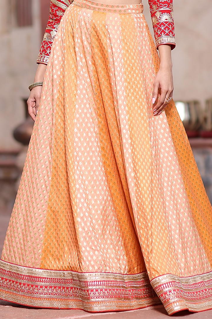 Pastel Orange Banarasi Wedding Lehenga Set  by RISA at Pernia's Pop Up Shop