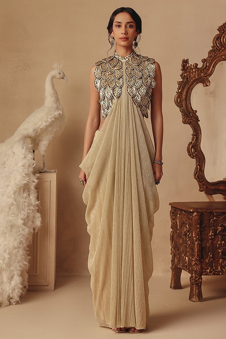 Gold Platinoir Crepe Sequins Hand Embroidered Wedding Gown Saree by Rishika Singh at Pernia's Pop Up Shop