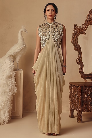 Gold Platinoir Crepe Sequins Hand Embroidered Gown Saree by Rishika Singh