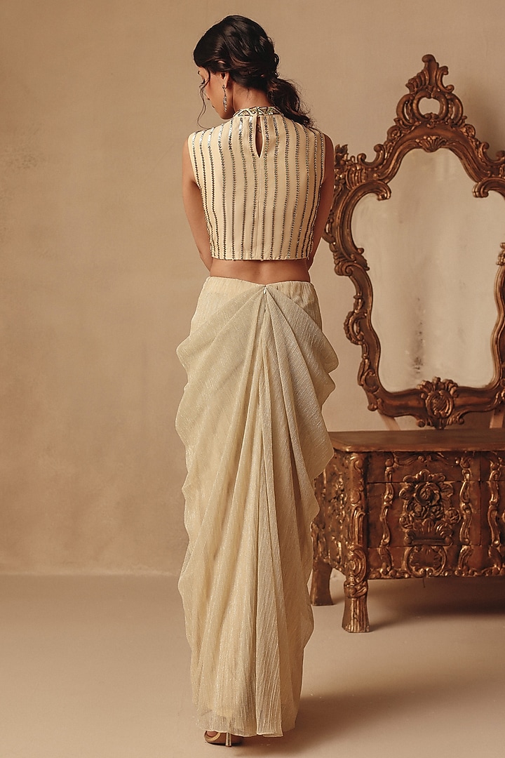 Gold Platinoir Crepe Sequins Hand Embroidered Wedding Gown Saree by Rishika Singh at Pernia's Pop Up Shop