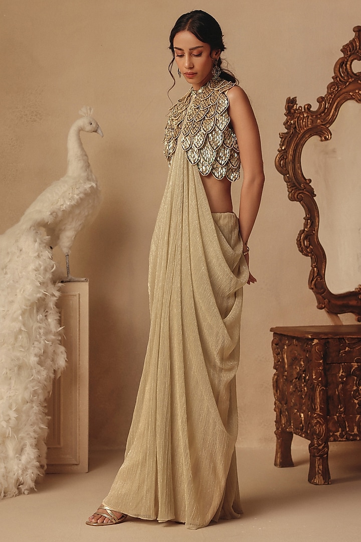 Gold Platinoir Crepe Sequins Hand Embroidered Wedding Gown Saree by Rishika Singh at Pernia's Pop Up Shop