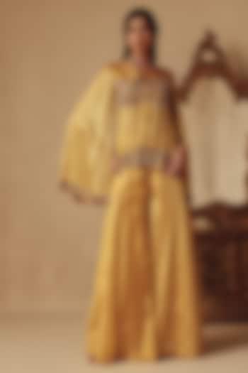 Mustard Yellow Fluid Organza Hand Embroidered Jacket Set by Rishika Singh at Pernia's Pop Up Shop