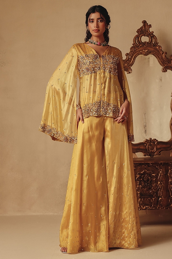 Mustard Yellow Fluid Organza Hand Embroidered Jacket Set by Rishika Singh at Pernia's Pop Up Shop