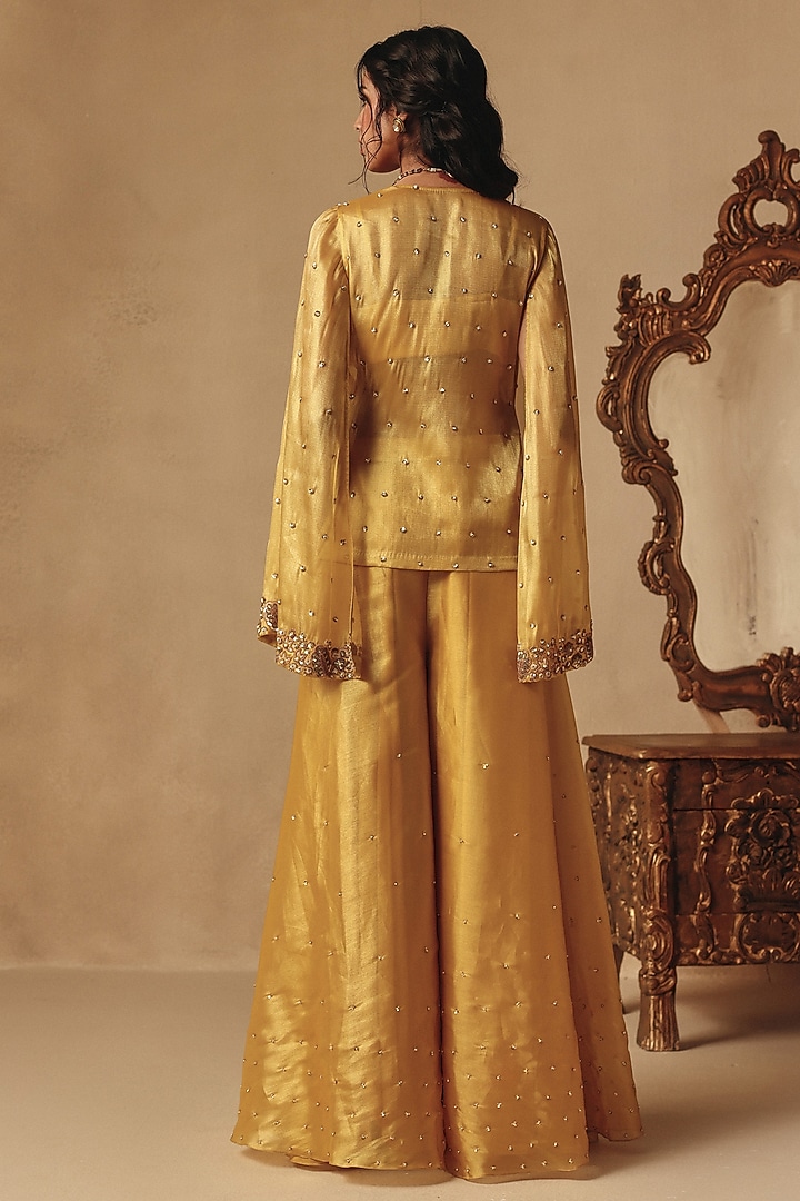 Mustard Yellow Fluid Organza Hand Embroidered Jacket Set by Rishika Singh at Pernia's Pop Up Shop