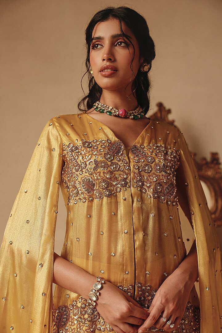 Mustard Yellow Fluid Organza Hand Embroidered Jacket Set by Rishika Singh at Pernia's Pop Up Shop