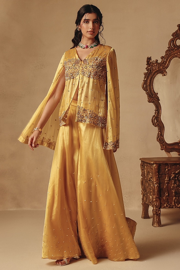 Mustard Yellow Fluid Organza Hand Embroidered Jacket Set by Rishika Singh at Pernia's Pop Up Shop
