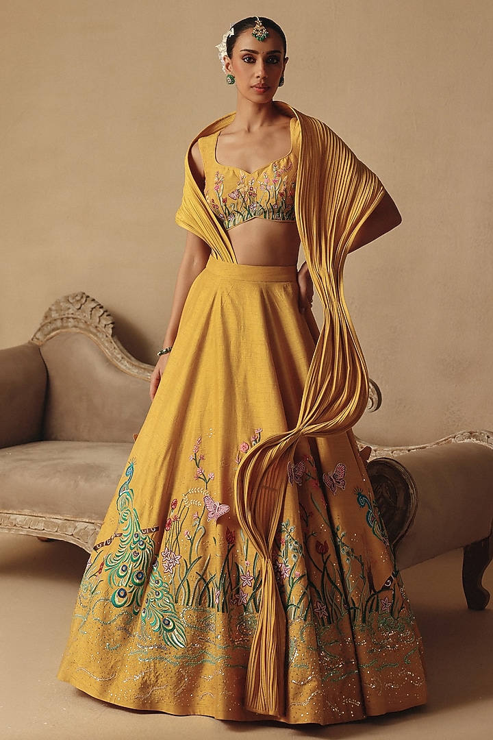 Mustard Yellow Bamberg Silk Hand Embroidered Wedding Lehenga Set by Rishika Singh at Pernia's Pop Up Shop