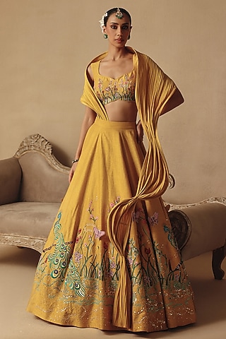 Mustard Yellow Bamberg Silk Hand Embroidered Lehenga Set by Rishika Singh