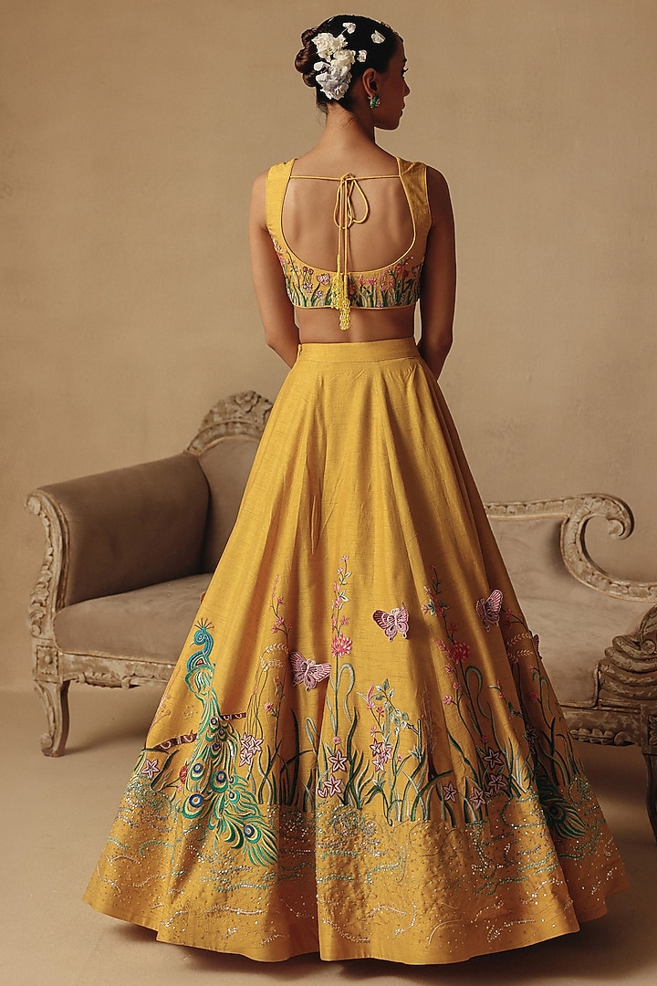 Mustard Yellow Bamberg Silk Hand Embroidered Wedding Lehenga Set by Rishika Singh at Pernia's Pop Up Shop
